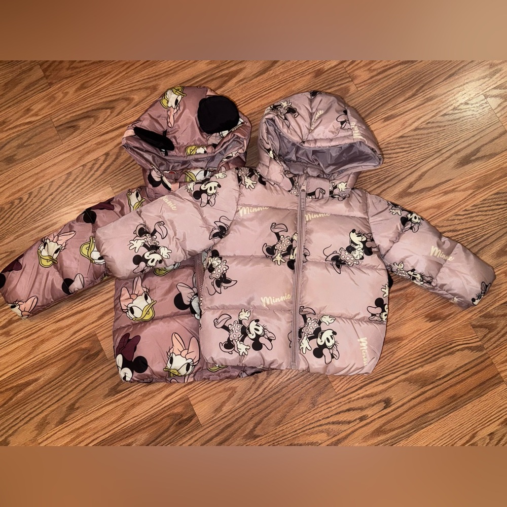 Bundle 2 H&M Disney Minnie Daisy Jacket Toddler 12M Hood Puffer Blush Pink AOP